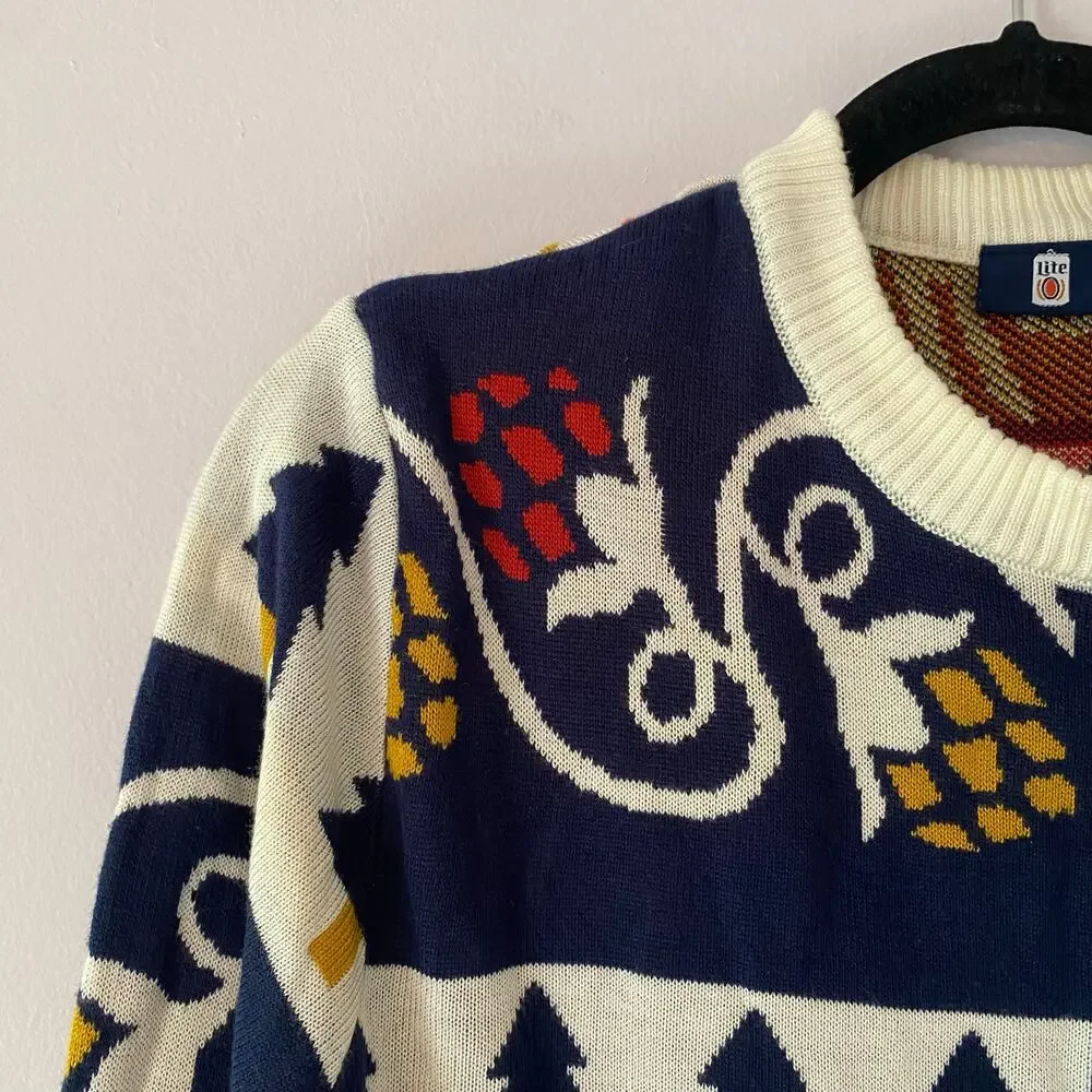 Miller Lite Ugly Christmas Holiday Sweater Crewneck Navy Blue White Men's Small